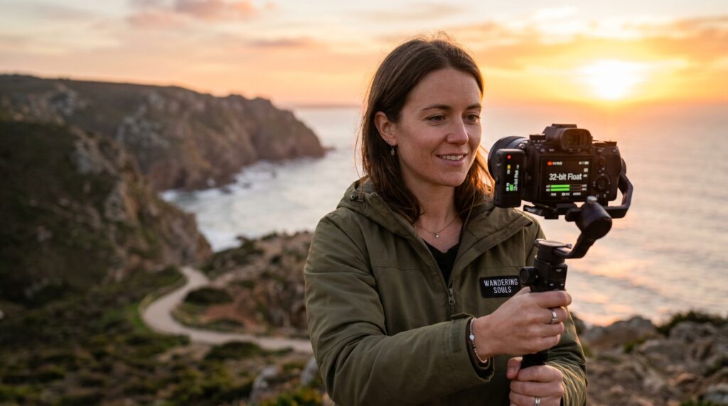 Vlogger recording video with mirrorless camera on gimbal using 32-bit float wireless microphone transmitter