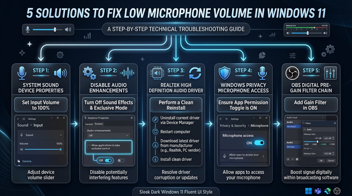 5 Solutions to Fix Low Microphone Volume in Windows 11 Flowchart