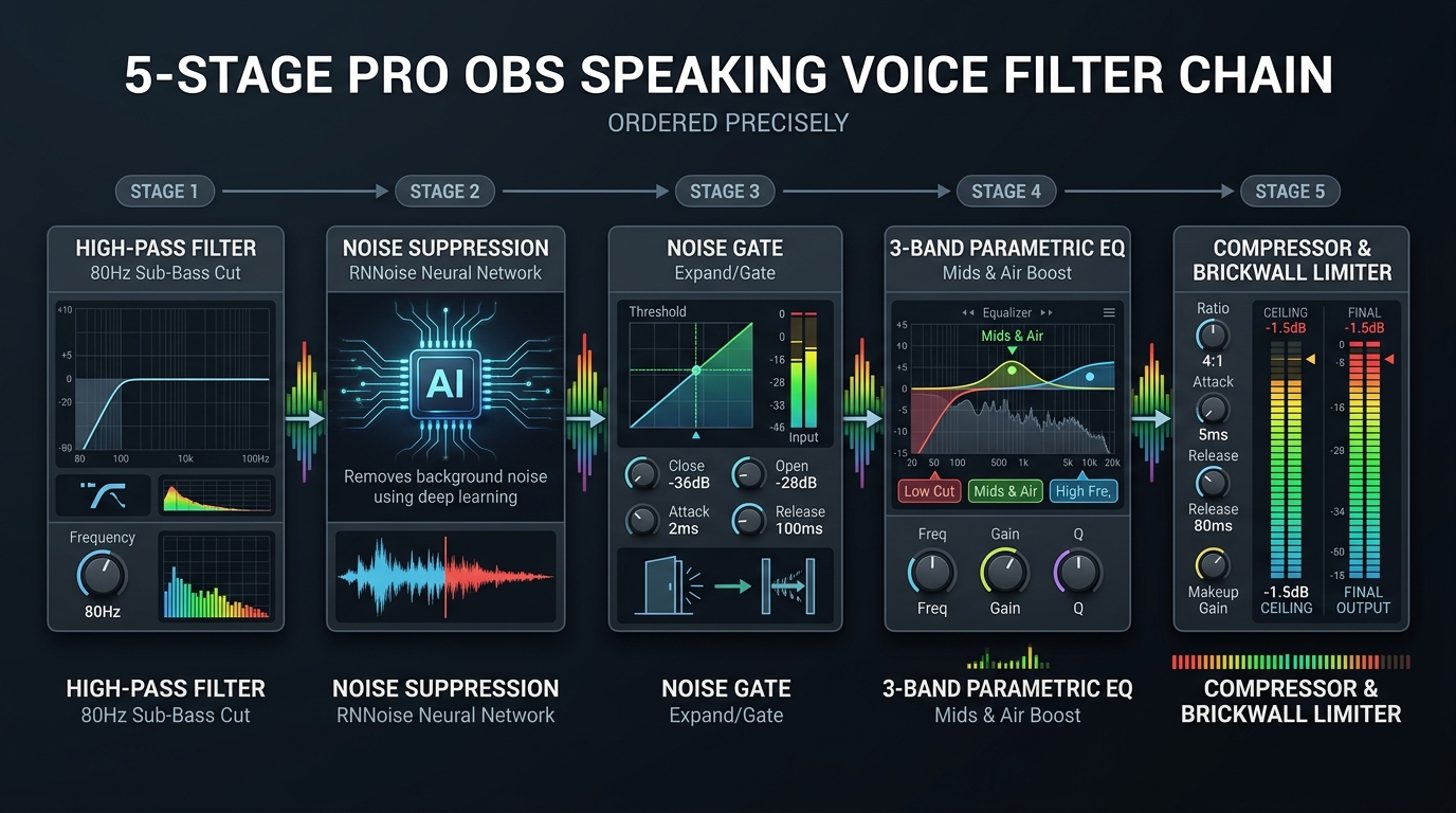 5-Stage Pro OBS Speaking Voice Filter Chain Diagram