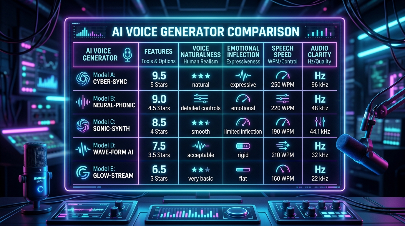 Comparison chart graphic showing realistic AI voice generator naturalness, emotional inflection, speed, and audio clarity