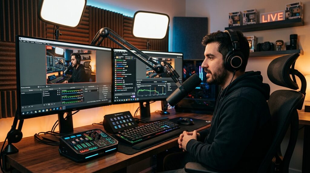 Creator workstation configuring OBS Studio recording settings and automatic MKV to MP4 remuxing