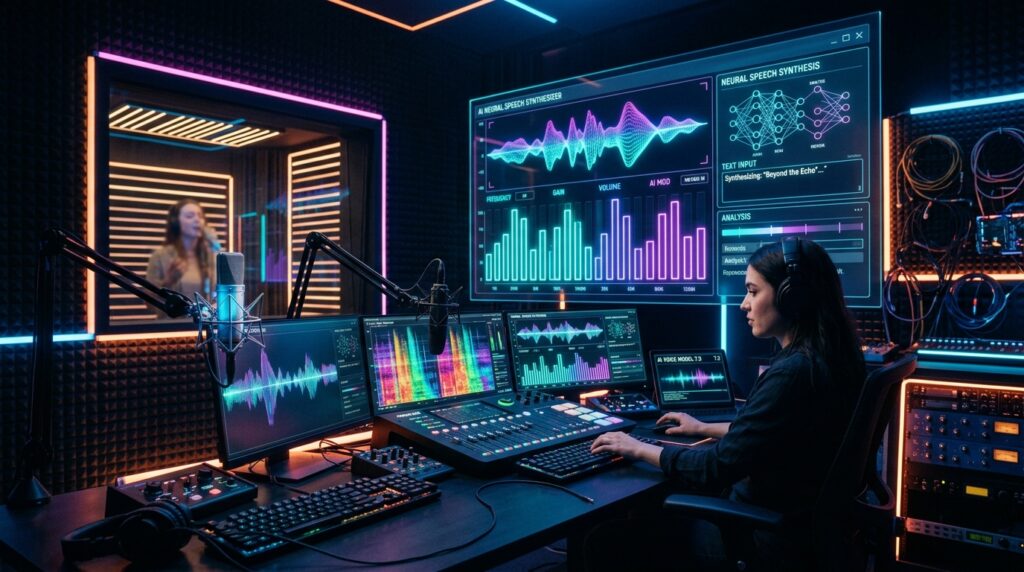 Sound recording studio workstation with neural audio speech synthesis waveforms and studio microphone setup