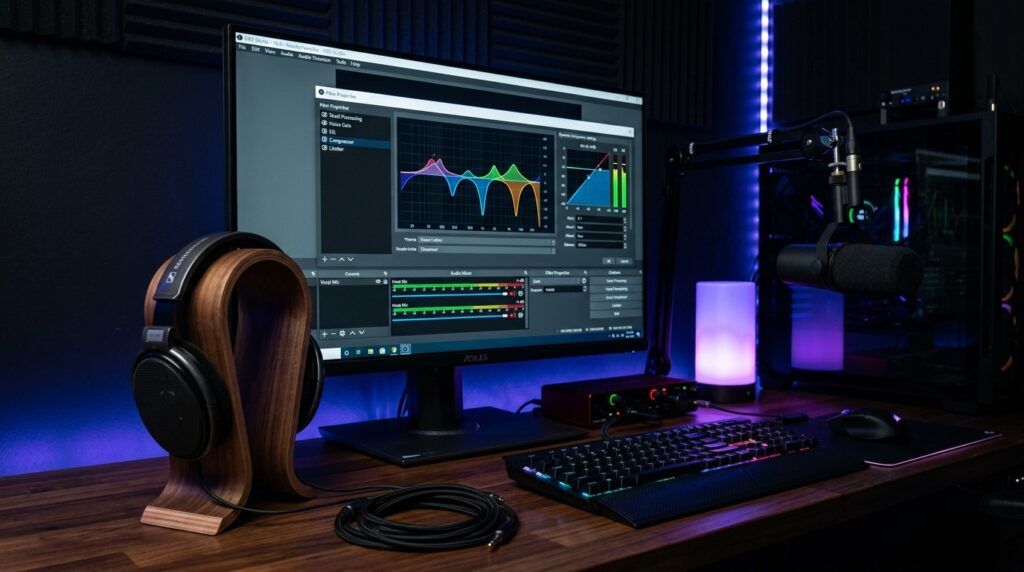 OBS Studio audio filter properties dialog with equalizer curves and studio microphone on boom arm