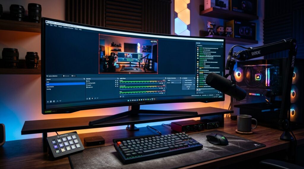 Professional creator battle station with OBS Studio recording setup and microphone