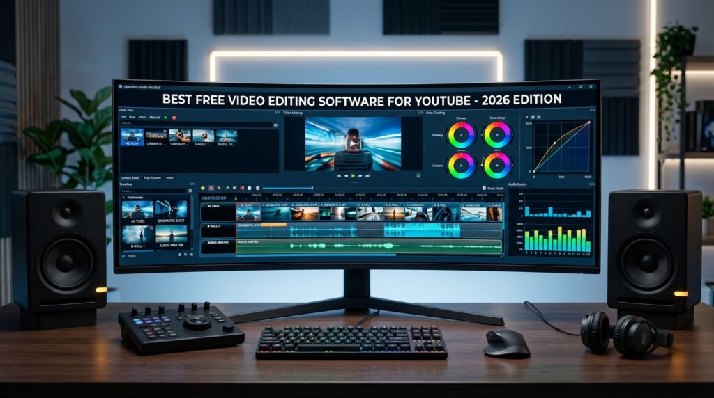 Video creator editing 4K timeline in CapCut Desktop with export dialog open on studio monitor