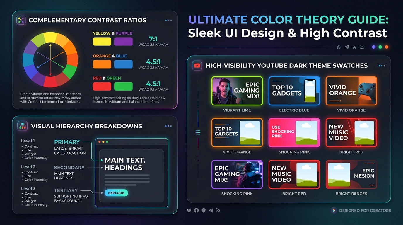 Infographic color theory guide illustrating complementary contrast ratios and high-visibility YouTube dark theme swatches