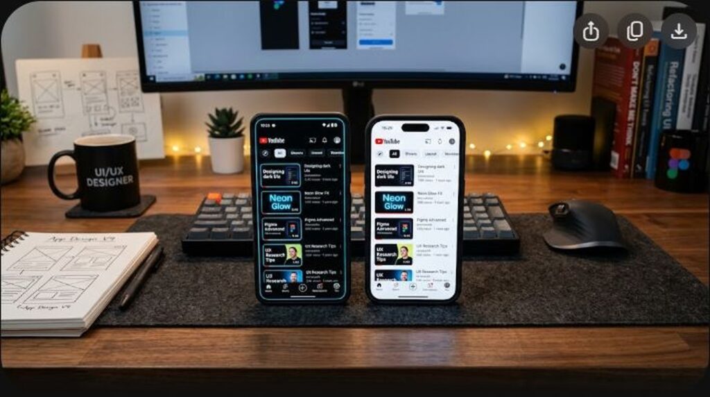 Creator analyzing YouTube dark mode UI contrast ratios, hex color palettes, and mobile feed visibility in design software