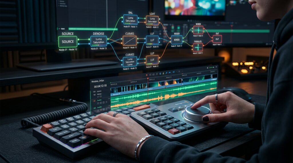 Video colorist troubleshooting DaVinci Resolve GPU memory full error and color grading node graph