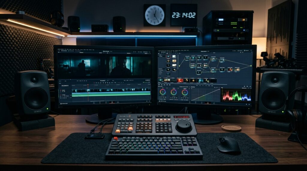 Professional video editing workstation running DaVinci Resolve with 4K timeline and Speed Editor console