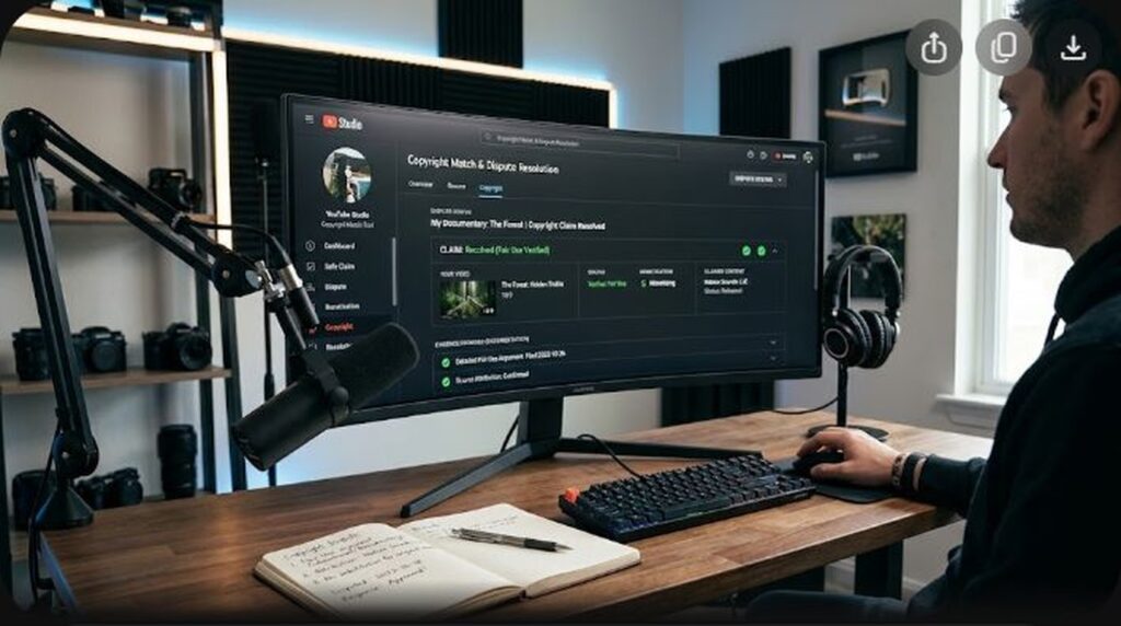 YouTube Studio copyright management dashboard showing Content ID claim dispute workflow and Fair Use defense options