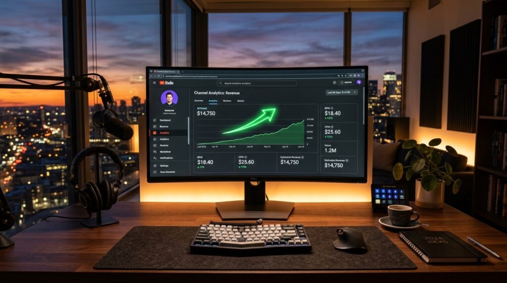 Creator analyzing Google AdSense payment schedule, monthly payout thresholds, and YouTube revenue analytics