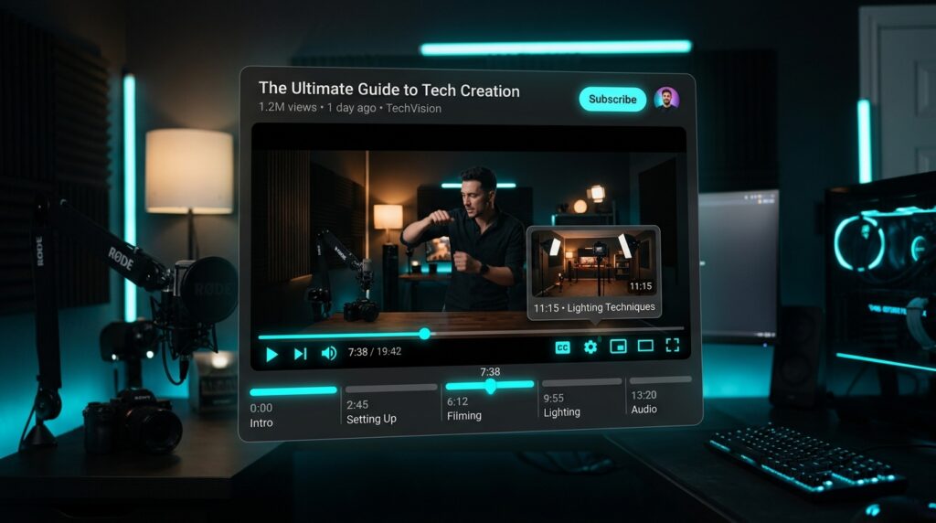 YouTube video player interface with interactive timeline chapter segments