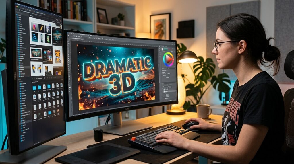Photoshop tutorial workstation demonstrating 3D pop out effect with layer masks and extruded typography for YouTube thumbnails