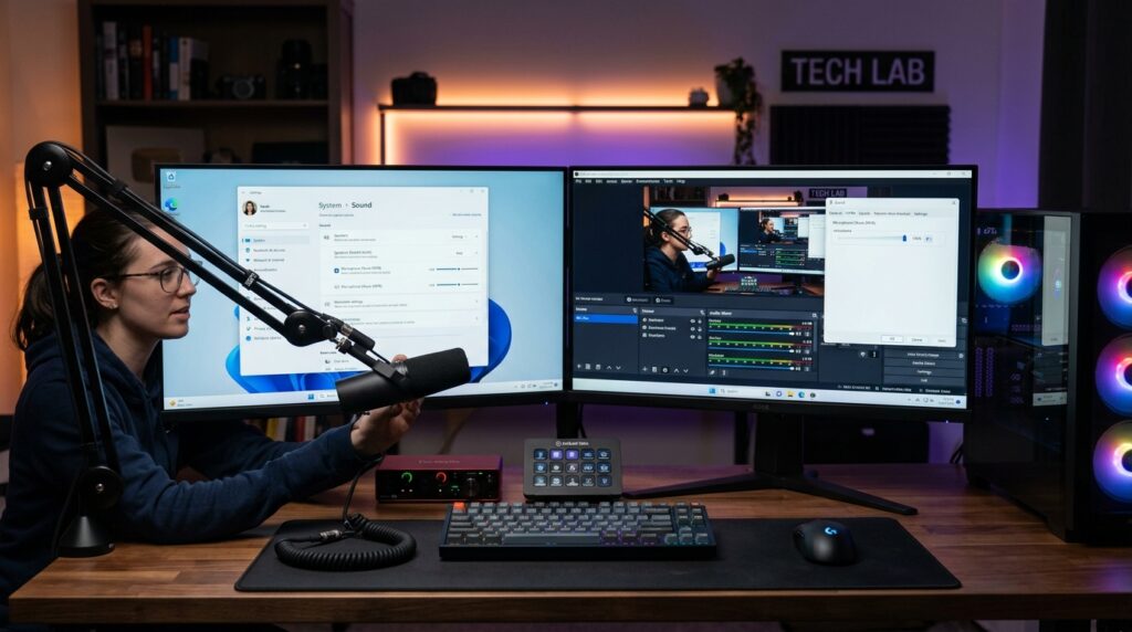Tech creator troubleshooting low microphone volume in Windows 11 sound settings and OBS Studio audio mixer