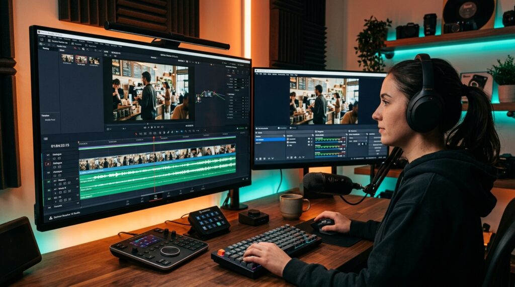 Video editor editing timeline in DaVinci Resolve and OBS Studio with audio waveform tracks perfectly aligned
