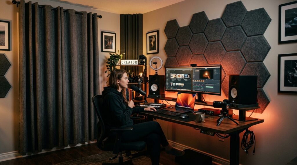 Home YouTube studio with DIY acoustic absorption wall panels, heavy blackout curtains, and studio workstation