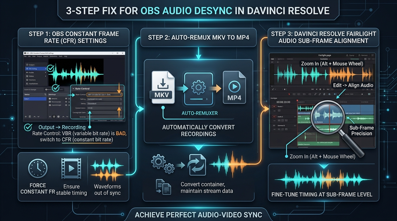 3-Step Fix for OBS Audio Desync in DaVinci Resolve Workflow Chart