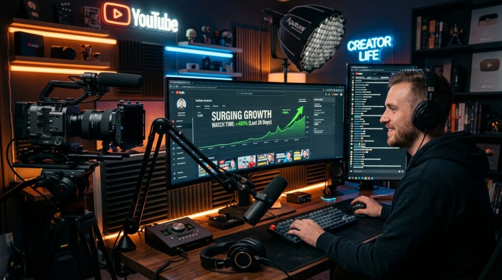 YouTube creator studio analytics dashboard showing 4000 watch hours growth curve