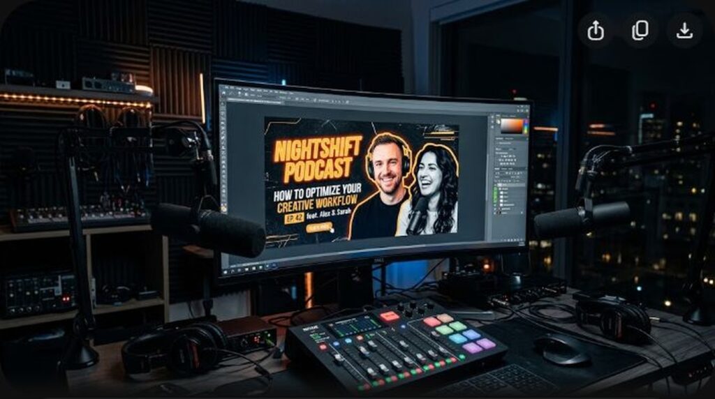 Creator workstation applying rule of thirds composition grid to YouTube thumbnail graphic design in Photoshop