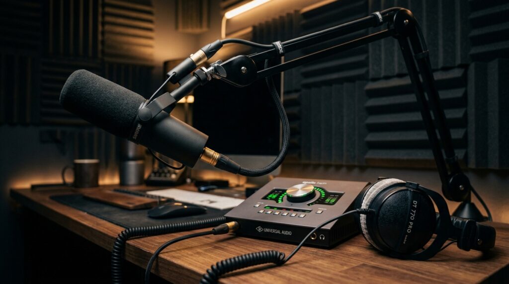 Shure SM7B dynamic microphone on studio boom arm connected to audio interface with glowing gain halo ring