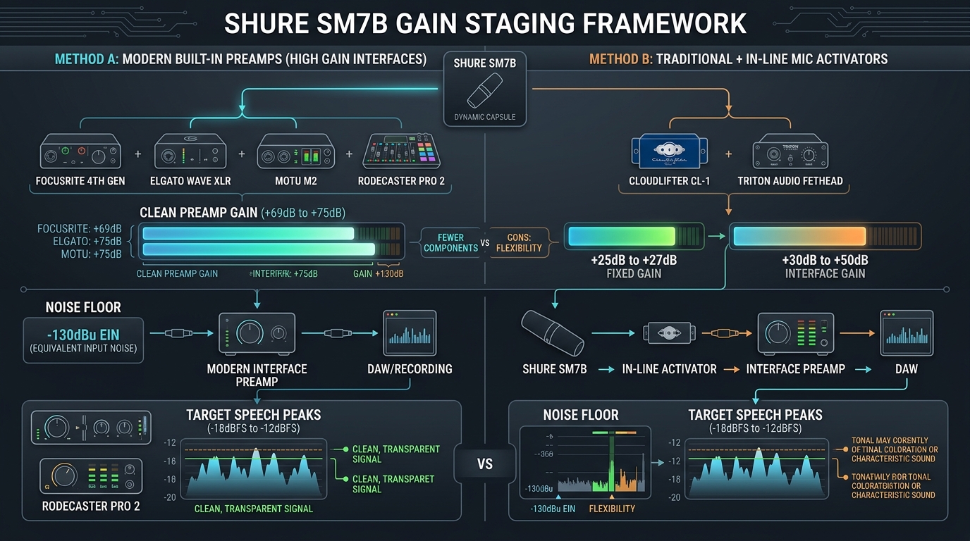 Shure SM7B Preamp Gain Staging Comparison Matrix
