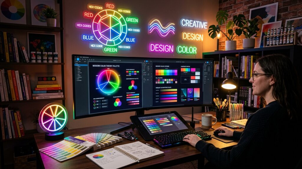 Designer workstation showcasing vibrant color theory palettes and high-contrast color wheels for thumbnail optimization