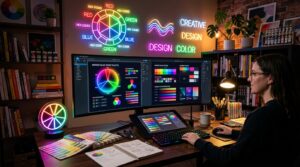 Designer workstation showcasing vibrant color theory palettes and high-contrast color wheels for thumbnail optimization