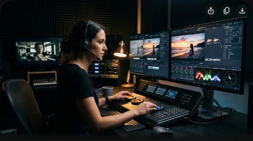 Video editor evaluating Rec 709 gamma shift and washed out colors on calibrated grading monitor