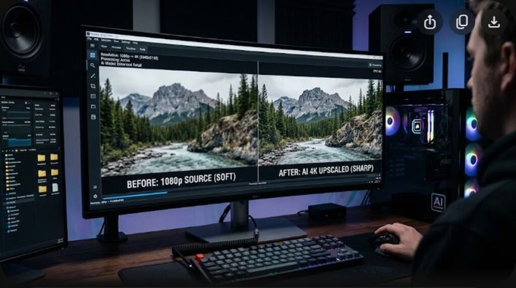 Creator workstation comparing video upscaling and YouTube VP09 versus AV01 high bitrate codec streams