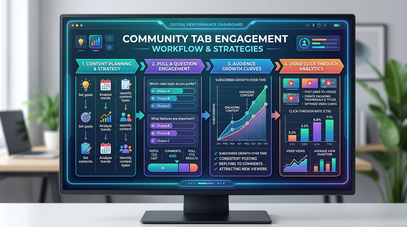 Infographic workflow diagram illustrating community tab engagement strategies, poll questions, and click-through curves