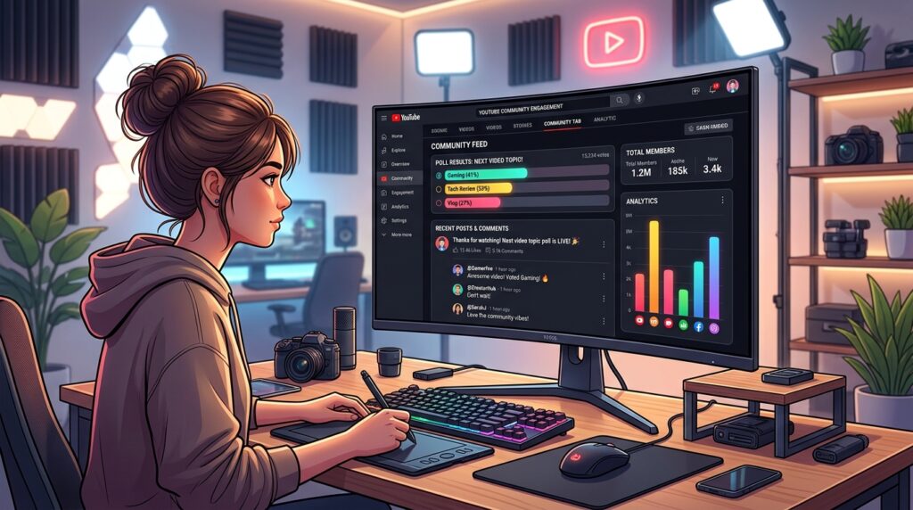 YouTube creator analyzing community tab engagement analytics dashboard with interactive polls and voter metrics