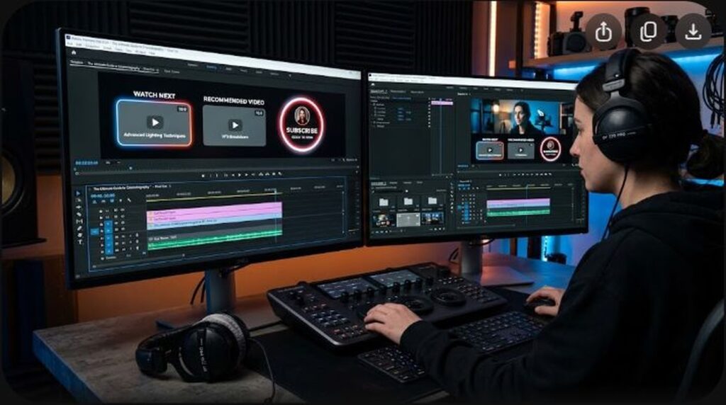 Video editor configuring animated YouTube End Screen templates and video element cards in editing timeline