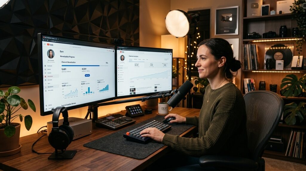 Digital creator analyzing YouTube Partner Program monetization status and reused content policy guidelines in YouTube Studio