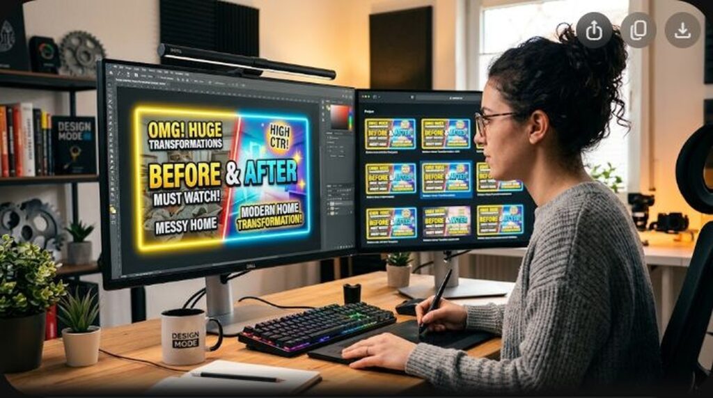 Creator workstation configuring YouTube Test and Compare native thumbnail AB testing in YouTube Studio dashboard